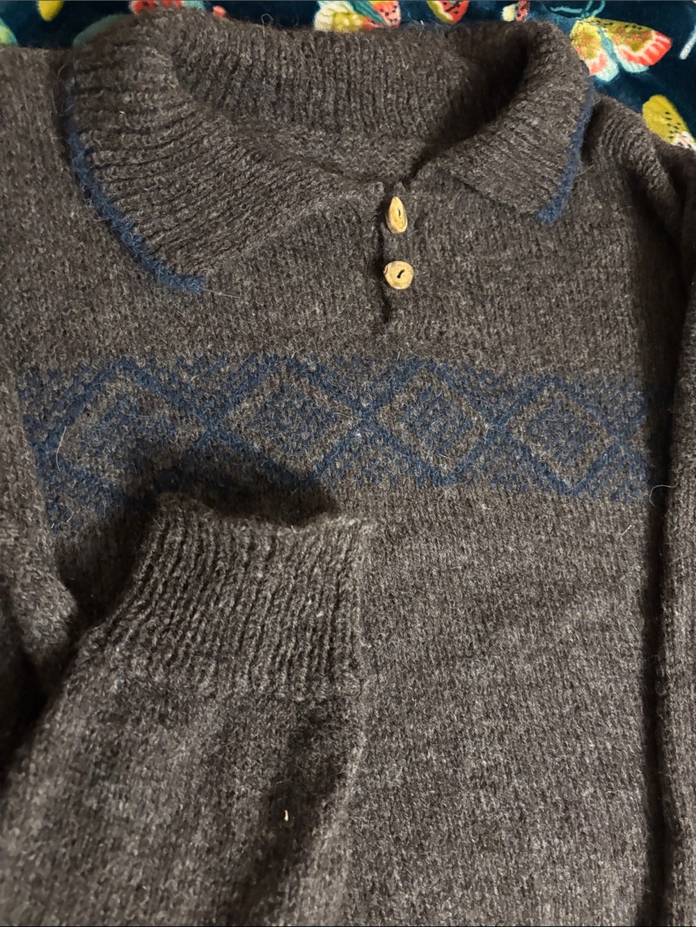 Women’s Chocolate Brown Crewneck Sweater with Blue Geometric Detail - Picture 3 of 3